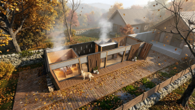 Őszi környezetbe illesztett wellness pihenőház