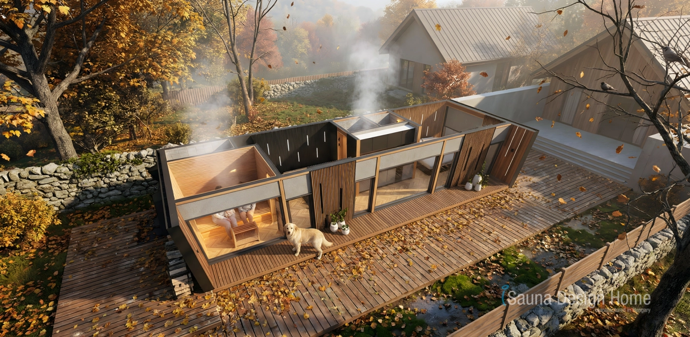 Őszi környezetbe illesztett wellness pihenőház